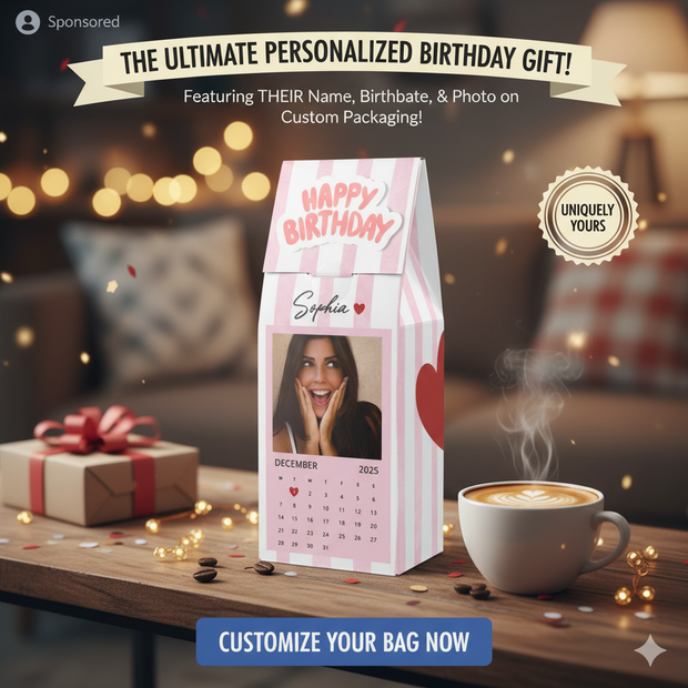 Personalized birthday gift bag with photo and calendar on a table with coffee and gift box.