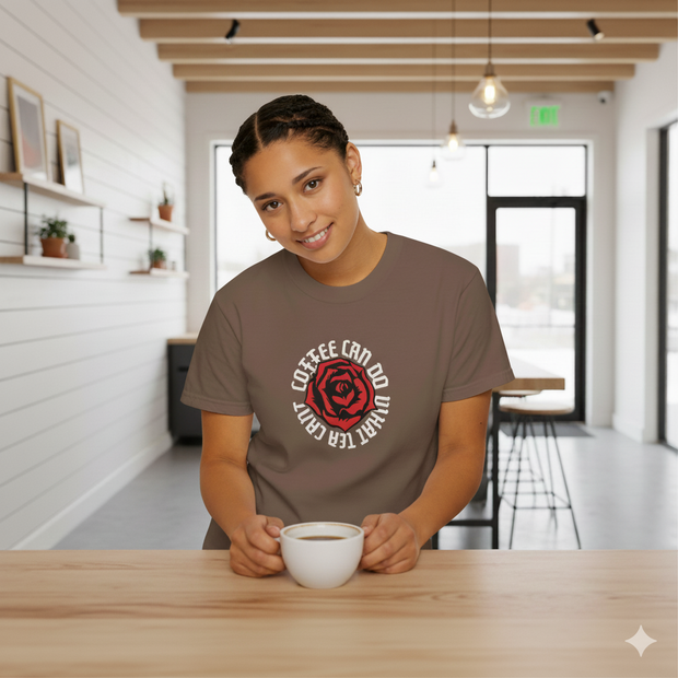 Woman holding a coffee cup in a modern indoor setting